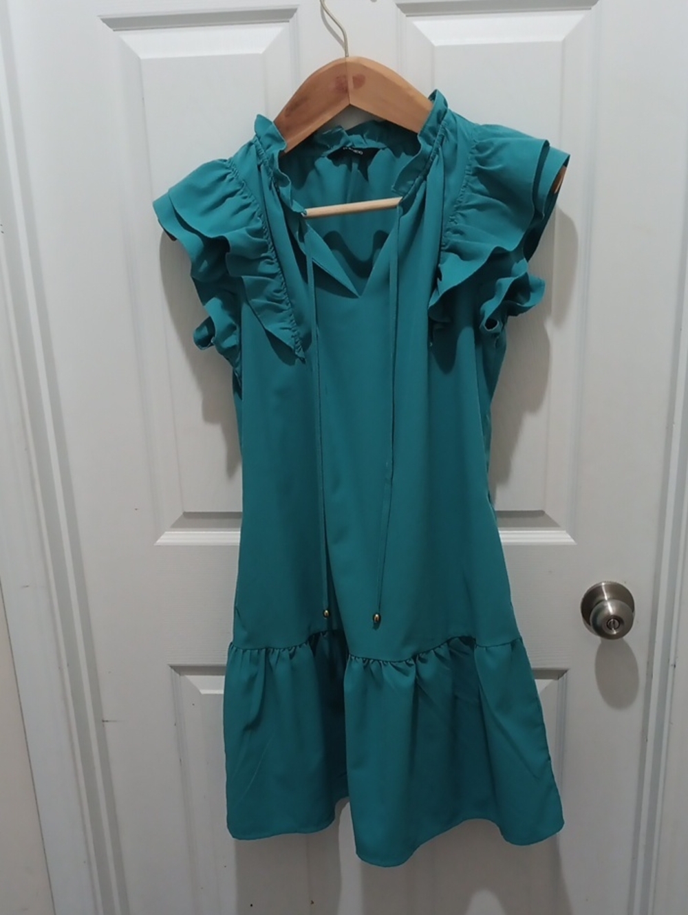 Ruffled Teal Mini Dress with Tie Neck - Women